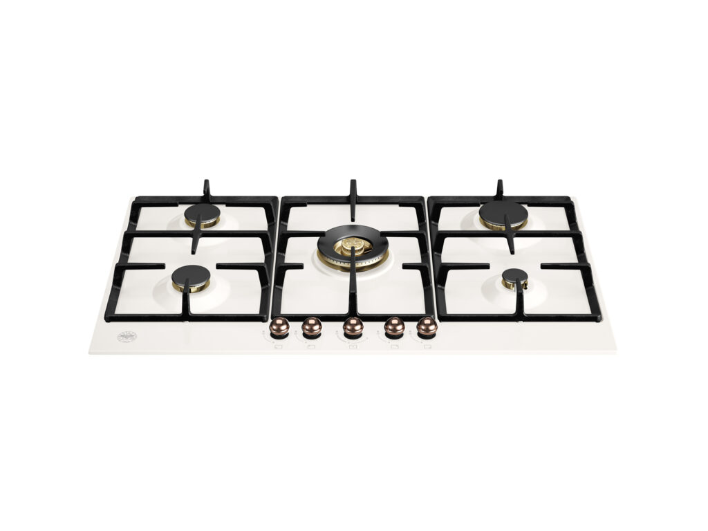 Gas cooktop 90 cm with central dual-circuit Wok burner Bertazzoni Heritage, Ivory / copper
