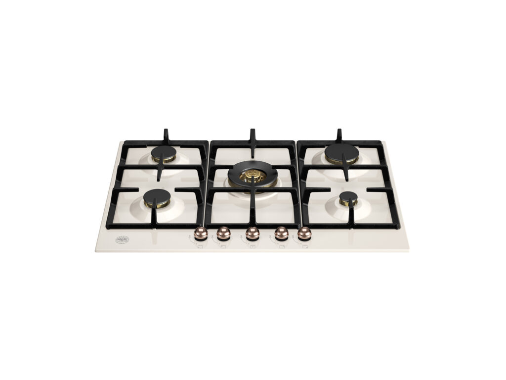 Газовая варочная панель Bertazzoni Heritage 75 см с центральной конфоркой Wok, черная эмаль, 5 зон, Слоновая кость / медь (аутлет)