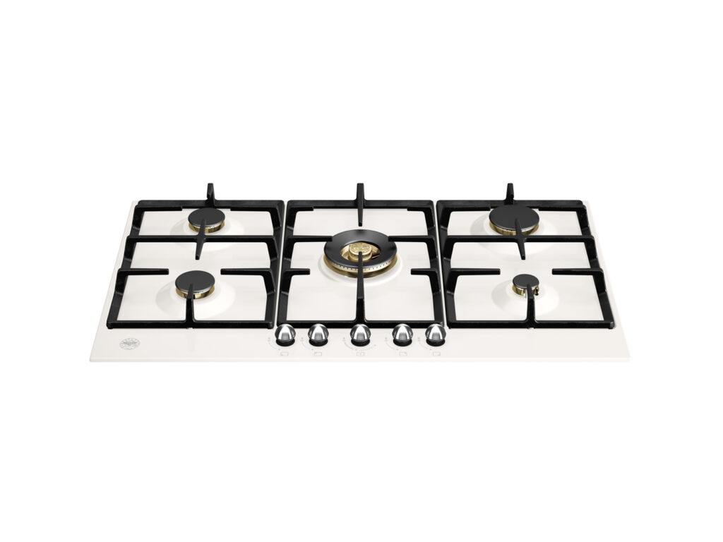 Gas cooktop 90 cm with central dual-circuit Wok burner Bertazzoni Heritage, Ivory / chrome