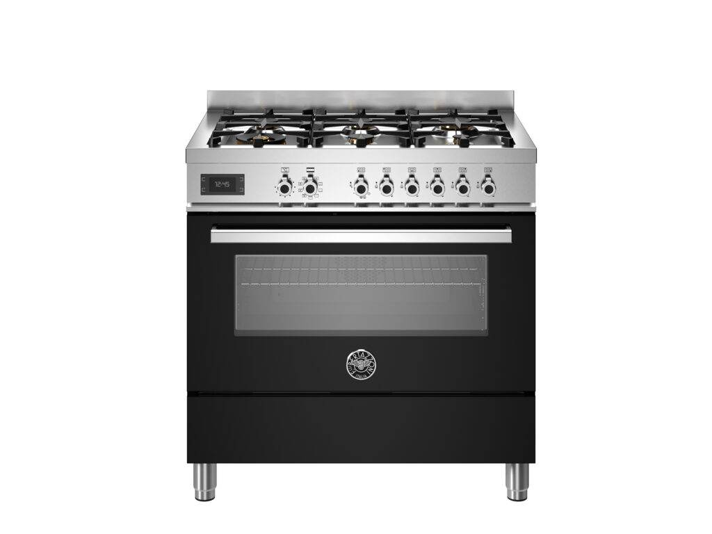 Gas Range Bertazzoni Professional 90 cm with 6 Burners and Electric Oven, Glossy Black