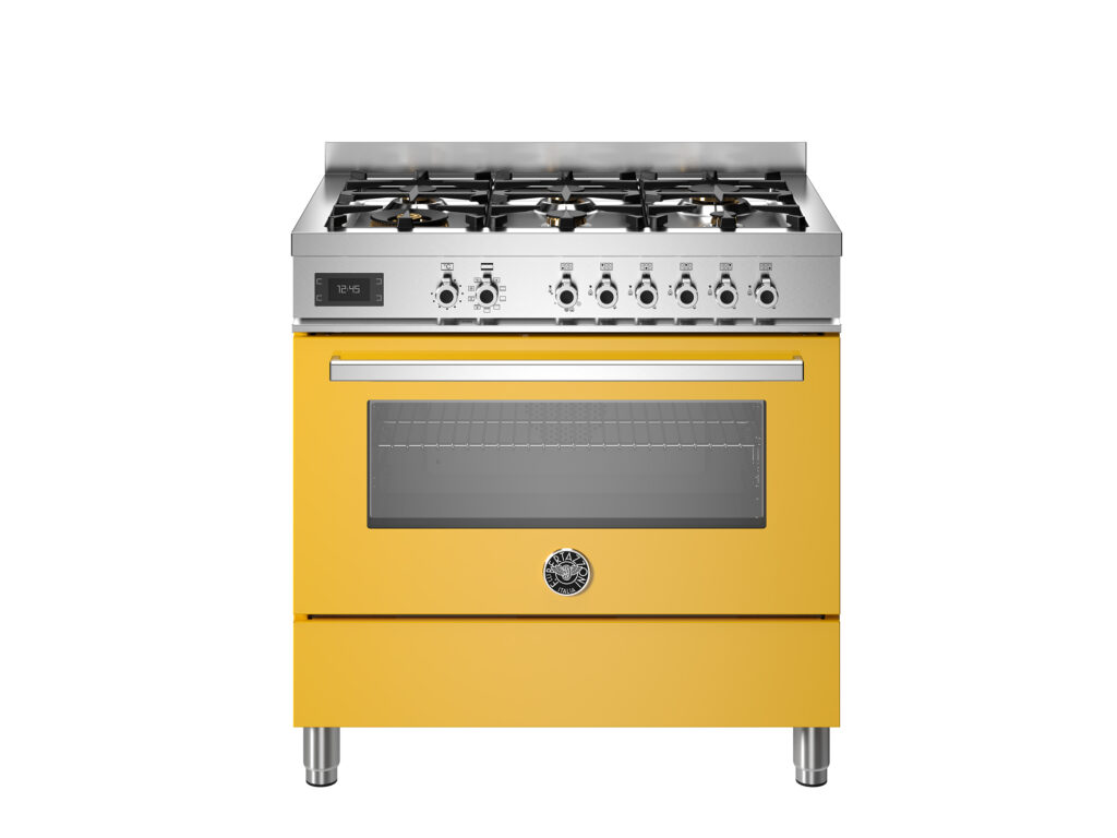 Gas Range Bertazzoni Professional 90 cm with 6 burners and electric oven, Glossy Yellow