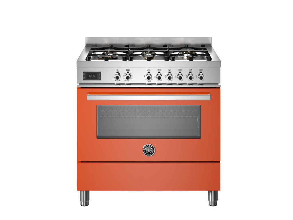 Gas Range Bertazzoni Professional 90 cm with 6 burners and electric oven, Glossy Orange