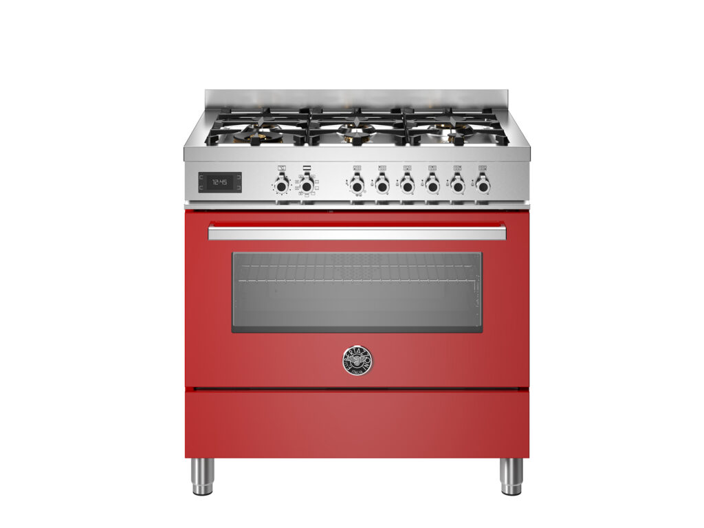 Gas Range Bertazzoni Professional 90 cm with 6 burners and electric oven, Glossy Red
