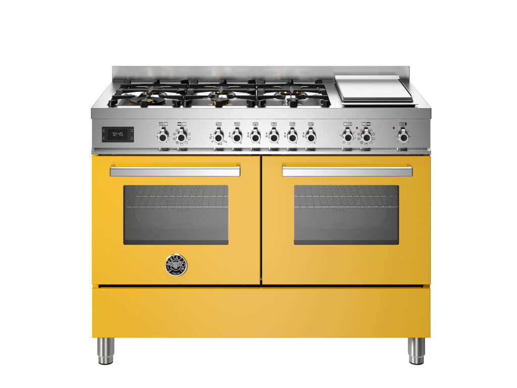 Bertazzoni Professional 120 cm range with 6 gas burners, electric Teppan Yaki grill and two electric ovens, Yellow