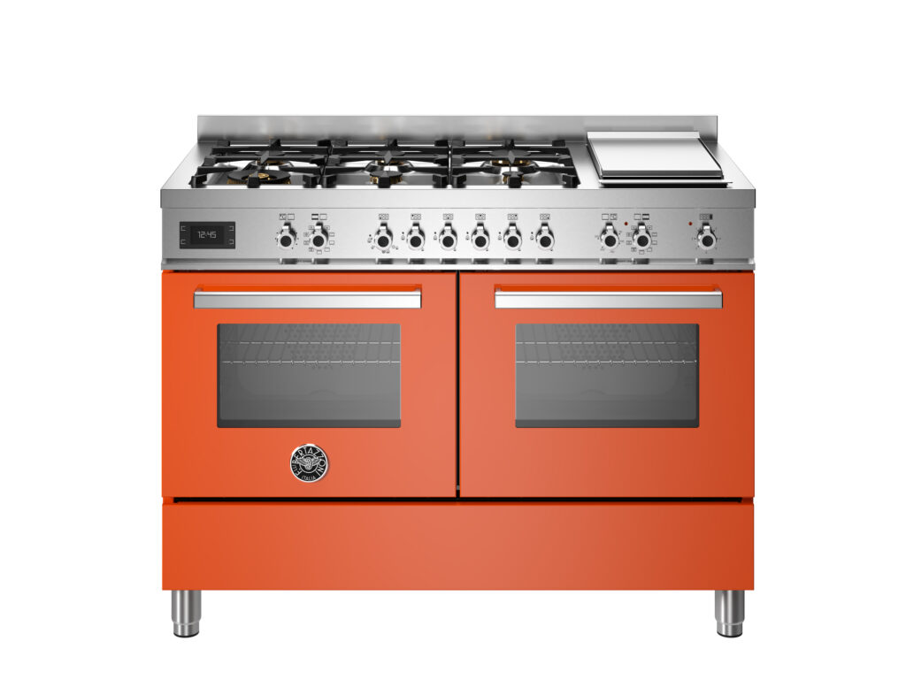 Bertazzoni Professional 120 cm range with 6 gas burners, electric Teppan Yaki grill and two electric ovens, Orange