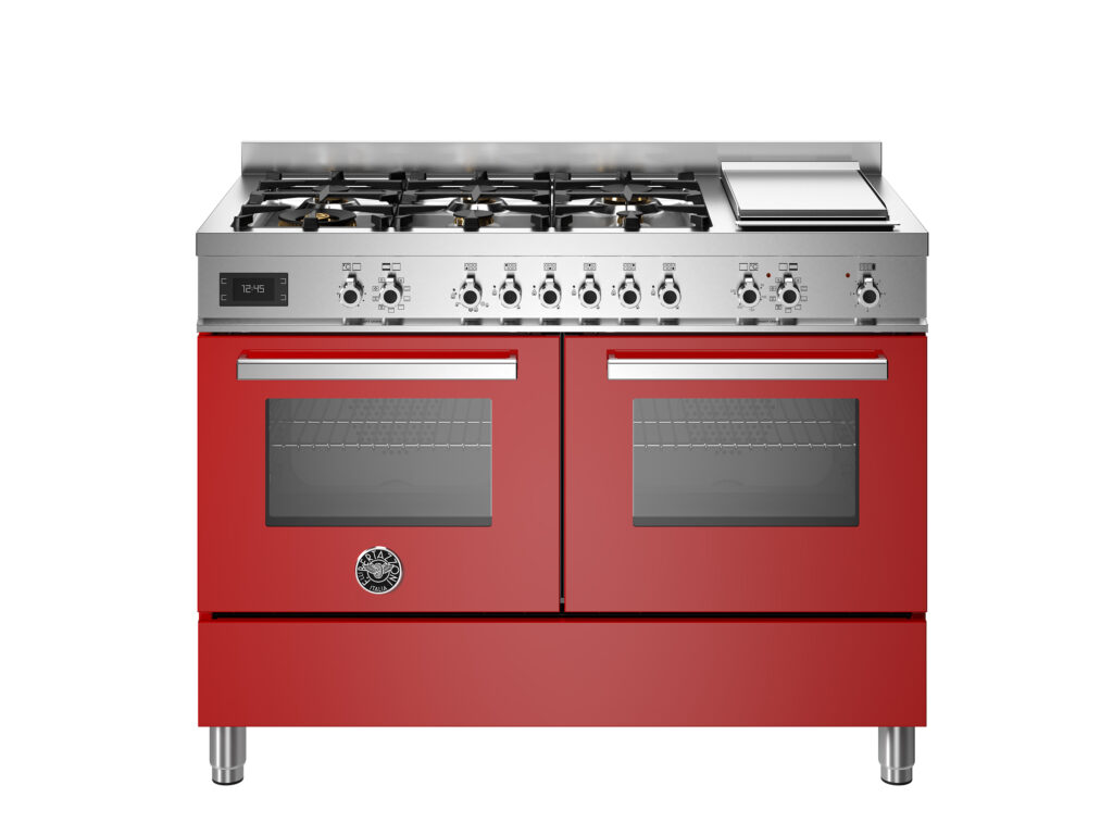 Bertazzoni Professional 120 cm Range with 6 Gas Burners, Electric Teppan Yaki Grill and Two Electric Ovens, Red