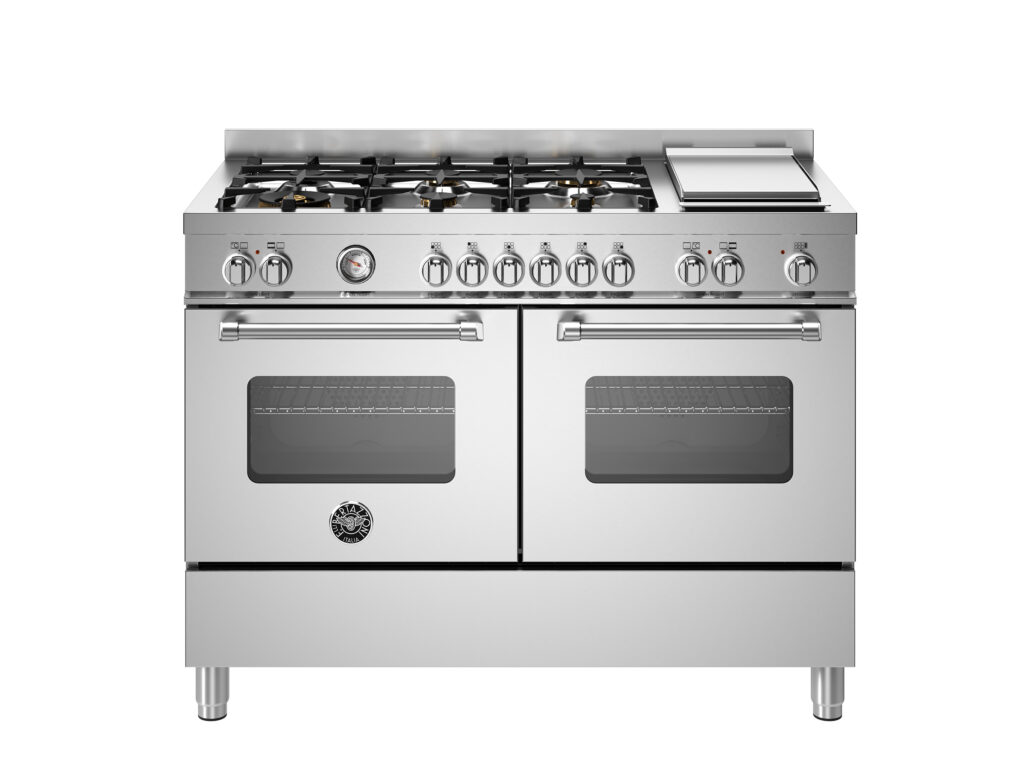 Electric Range Bertazzoni Master 120 cm, 6 gas burners + electric Teppan-yaki, dual multifunctional oven, Stainless Steel