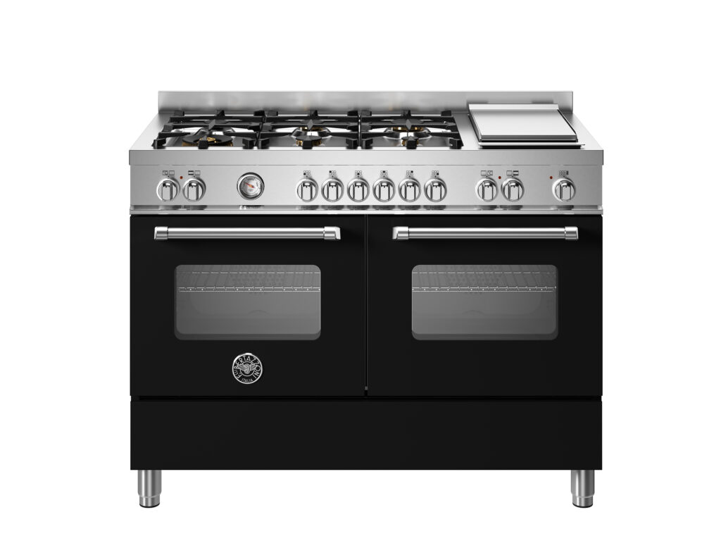 Electric Range Bertazzoni Master 120 cm, 6 gas burners + electric Teppan-yaki, dual multifunctional oven, Matte Black