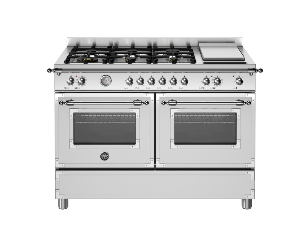 Bertazzoni Heritage 120 cm Range: 6 Gas Burners, Grill, Double Electric Oven, Stainless Steel