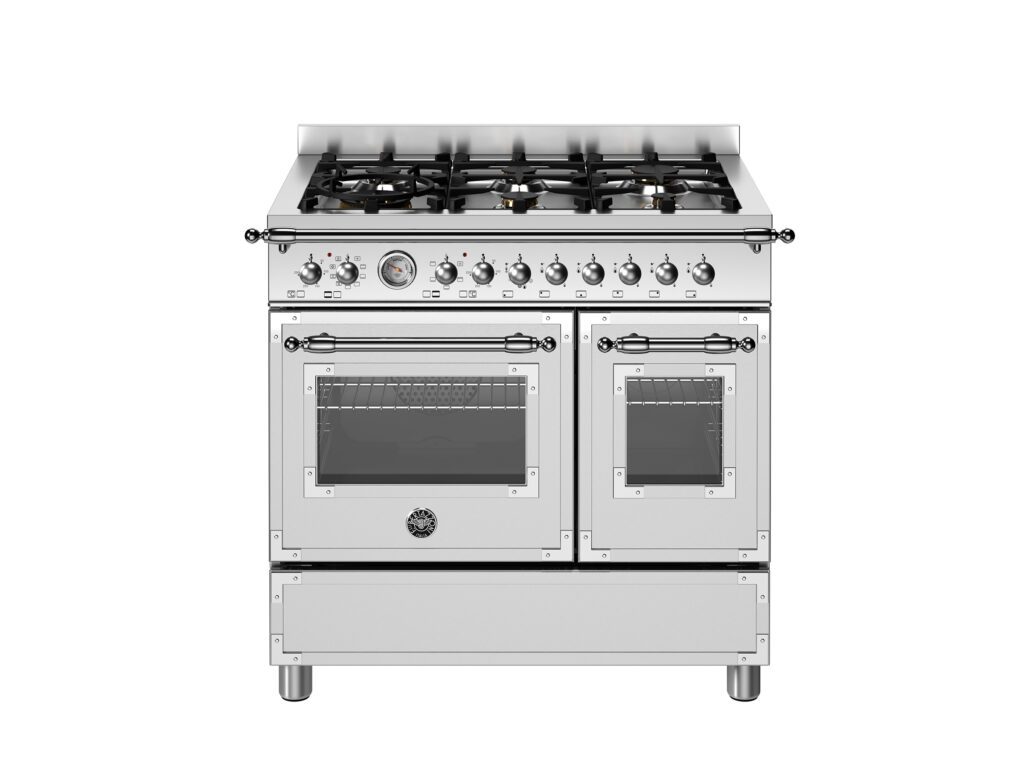 Bertazzoni Heritage 90 cm: cooker with 6 gas burners and two electric ovens, Stainless steel